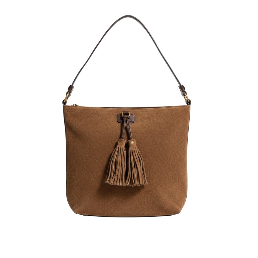 Frye Brown Suede Leather Tassel Hobo Shoulder Bag Cognac Boho Western‎
